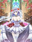  1girl bob_cut bridal_veil chiga_akira clothes_lift dress dress_lift elbow_gloves flower genshin_impact gloves green_eyes looking_at_viewer noelle_(genshin_impact) purple_hair rose short_hair smile solo stained_glass thighhighs veil wedding_dress white_gloves 