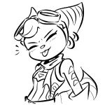  1:1 advos anthro breasts clothed clothing digital_media_(artwork) ear_piercing ear_ring eyes_closed eyewear eyewear_on_head female goggles goggles_on_head hair headshot_portrait lombax mammal monochrome piercing portrait ratchet_and_clank ring_piercing rivet_(ratchet_and_clank) simple_background smile solo sony_corporation sony_interactive_entertainment stripes tongue tongue_out 