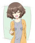  1girl ada_badguy akiyama_yukari blush breasts brown_hair character_name closed_eyes girls_und_panzer grey_shirt highres medium_breasts open_mouth shirt short_hair simple_background smile solo upper_body 