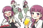  1girl alcohol blush bocchi_the_rock! bottle braid braided_ponytail closed_eyes cup dancing disposable_cup dress drinking_straw drunk earrings food green_dress hiroi_kikuri holding holding_bottle jacket jewelry long_hair long_sleeves looking_at_viewer own_hands_together purple_eyes purple_hair simple_background solo standing standing_on_one_leg sushi torako_(toramaru) white_background 
