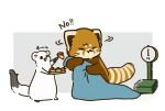  2023 ailurid bedding biped black_eyes blanket brown_body chibi dot_eyes duo eyes_closed feral food hi_res mammal mustelid musteline red_panda shi_nominmin stoat text true_musteline weasel white_body 