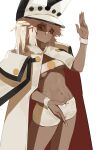 1girl bandeau blonde_hair cloak dark-skinned_female dark_skin flasso guilty_gear hand_up hat highres ramlethal_valentine red_eyes shaded_face solo stomach toned white_background white_bandeau wrist_cuffs 
