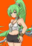  1girl absurdres black_shorts bracelet breasts camisole cleavage collar commentary_request covered_nipples cowboy_shot duel_monster green_eyes green_hair groin high_ponytail highres holding holding_staff jewelry long_hair medium_breasts midriff navel pendant short_shorts shorts solo spaghetti_strap staff very_long_hair white_camisole winda_(yu-gi-oh!) winda_4n96 winda_priestess_of_gusto yu-gi-oh! 