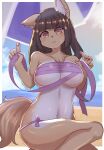  alternate_version_at_source anthro arumo bare_shoulders beach beach_umbrella black_hair blue_sky blush bodily_fluids border breasts brown_eyes canid canine chest_tuft chest_wraps clothed clothing cloud eyebrow_through_hair eyebrows female fox front_view fur glistening glistening_body glistening_fur hair hi_res inner_ear_fluff komena_akamori looking_at_viewer looking_down mammal multicolored_body multicolored_fur navel pawpads pink_pawpads purple_clothing purple_swimwear sand seaside sky solo sweat sweatdrop swimwear tan_body tan_fur translucent translucent_hair tuft two_tone_body two_tone_fur white_body white_border white_fur wraps 