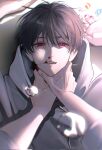  1boy black_hair blood commentary_request crying crying_with_eyes_open dated grey_hoodie highres hood hoodie looking_at_viewer lying male_focus mugi_oyasumi nosebleed on_back original parted_lips pink_eyes pink_nails pov pov_hands short_hair signature solo teardrop tears 