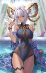  1girl animal_ears arknights ass_visible_through_thighs black_one-piece_swimsuit breasts carnelian_(arknights) clothing_cutout cowboy_shot curled_horns dark-skinned_female dark_skin goat_ears goat_girl goat_horns hand_up highres horn_ornament horns large_breasts looking_at_viewer navel_cutout one-piece_swimsuit pool red_eyes roki_(shouka65) short_hair smile solo swimsuit thigh_gap thigh_strap thighs water wet white_hair 