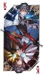  1boy absurdres alternate_form armor bi595579118 black_cape black_hair blue_eyes cape card charlemagne_(fate) charlemagne_(third_ascension)_(fate) fate/grand_order fate_(series) gold_armor hair_between_eyes heart heart_print highres holding holding_sword holding_weapon joyeuse_ordre_(fate) looking_at_viewer male_focus multicolored_hair red_eyes short_hair shoulder_pads streaked_hair sword two-tone_hair upper_body weapon white_cape white_hair 