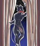  anthro black_body black_fur curtains food fours_(artist) fur genitals hi_res looking_at_viewer male meat night nude penis red_eyes rex_(fours) sausage solo warg_(fours) 
