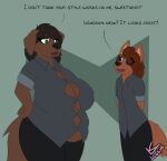  ambiguous_gender anthro belly belly_overhang big_belly big_breasts bird_dog breasts canid canine canis cleavage clothed clothing dialogue domestic_dog duo english_text female hi_res hunting_dog labrador lani_(lonnyk) lonnyk mammal overweight overweight_female retriever sonia_(lonnyk) stretched_clothing text wardrobe_malfunction 