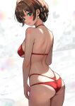  1girl ahoge ass back bare_shoulders blush braid breasts brown_hair c_(theta) green_eyes highres idolmaster idolmaster_million_live! idolmaster_million_live!_theater_days looking_at_viewer looking_back medium_breasts sakuramori_kaori short_hair swimsuit thighs 