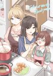  absurdres apron black_hair blonde_hair blue_eyes brown_hair closed_eyes commission cooking food glasses green_eyes highres jewelry kitchen miso_soup mother_and_daughter original ring skeb_commission takeshisu wedding_ring wife_and_wife yuri 