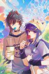  1boy 1girl absurdres alternate_costume amusement_park animal_hat bag balloon black_hair blurry blurry_background brown_hair candy cat_hat chinese_commentary choker cup diamond-shaped_pupils diamond_(shape) drinking_straw ear_piercing eating eyeliner eyeshadow ferris_wheel food genshin_impact hair_between_eyes hair_ornament hairband hat highres holding holding_cup jewelry lollipop long_hair looking_at_viewer makeup midriff mole mole_under_eye necklace piercing ponytail purple_eyes purple_hair purple_nails raiden_shogun red_eyeshadow shirt shoulder_bag sidelocks sxiaojun01282 symbol-shaped_pupils translation_request upper_body yellow_eyes zhongli_(genshin_impact) 