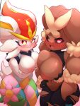  absurd_res anthro areola asymmetrical_breast_frottage big_breasts blush breast_size_difference breast_squish breasts breasts_frottage brown_body brown_fur cinderace female fur generation_8_pokemon genitals hi_res holding_breast lagomorph mammal mega_evolution mega_lopunny nintendo nipples nude omowazu pink_areola pink_nipples pokemon pokemon_(species) pussy simple_background smile squish white_background 