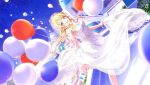  1girl :d balloon bare_legs bare_shoulders barefoot blonde_hair blue_eyes blue_sky blurry blurry_foreground blush breasts bridal_veil cleavage dress dutch_angle flower foot_out_of_frame game_cg hachimiya_meguru hair_flaps hair_flower hair_ornament holding holding_balloon holding_clothes holding_dress idolmaster idolmaster_shiny_colors large_breasts long_dress long_hair looking_at_viewer official_art open_mouth outdoors rose sidelocks sky sleeveless smile solo standing standing_on_one_leg star_(sky) star_(symbol) starry_sky veil water wedding_dress white_flower white_rose wind wind_lift 