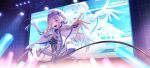  1girl amane_kanata amane_kanata_(3rd_costume) angel_wings asymmetrical_bangs belt beret black_dress blue_belt blue_eyes blue_hair blue_wings colored_inner_hair dress feathered_wings glowstick gradient_wings grey_hair hair_intakes hair_ornament hair_over_one_eye hair_rings hairclip hat highres holding holding_microphone holoforce hololive jacket jewelry long_hair looking_at_viewer low_twintails microphone multicolored_hair multicolored_wings music necklace official_alternate_costume official_alternate_hairstyle one_eye_closed open_mouth ping_(0723) pleated_dress reaching reaching_towards_viewer short_dress singing solo stage star_(symbol) star_necklace twintails white_headwear white_jacket white_wings wings 