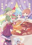  arle_nadja baldanders_(puyopuyo) bangs blue_eyes blue_hair blush brown_hair candy carbuncle_(puyopuyo) closed_eyes curry curry_rice feli_(puyopuyo) food green_headwear grey_hair heterochromia highres kuroda_(kuro_yyy) lemres_(puyopuyo) lollipop ponytail purple_hair puyo_(puyopuyo) puyopuyo red_eyes rice sig_(puyopuyo) star_(symbol) yellow_eyes 