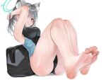  1girl animal_ear_fluff animal_ears bag barefoot black_one-piece_swimsuit blue_archive blue_eyes blue_one-piece_swimsuit blunt_bangs cross_hair_ornament dokomon feet foot_focus full_body grey_hair hair_ornament halo highres knees_up legs one-piece_swimsuit shiroko_(blue_archive) shiroko_(swimsuit)_(blue_archive) simple_background sitting soles solo swimsuit toes two-tone_swimsuit white_background wolf_ears 