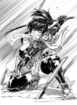  1girl armor black_leggings breasts cleavage feet fighting_stance highres holding holding_sword holding_weapon japanese_armor japanese_clothes katana konchiki kunai large_breasts leggings looking_at_viewer manyuu_chifusa manyuu_hikenchou monochrome panties polearm ponytail samurai sandals scarf scroll sketch solo spear sword thighs underwear weapon writing 