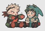  ! +_+ 2boys :o aged_down bakugou_katsuki black_mask black_outline black_pants blonde_hair blush bodysuit boku_no_hero_academia boots bright_pupils clenched_hands colored_shoe_soles commentary excited explosive eye_mask freckles full_body gaagyeo gloves green_bodysuit green_eyes green_gloves green_hair green_mask grenade grey_background high_collar highres knee_pads looking_at_another male_focus mask mask_on_head midoriya_izuku multiple_boys open_hands open_mouth orange_gloves outline outstretched_arms outstretched_hand pants pouch red_eyes shoe_soles short_hair simple_background sitting slit_pupils sparkle sparkling_eyes spiked_hair thick_outlines toddler twitter_username two-tone_gloves v-shaped_eyebrows white_gloves white_pupils x 