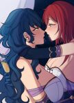  2girls aoba_tsugumi blue_hair blue_skirt breasts cleavage dress earrings elbow_gloves ensemble_stars! facing_another fishnets gloves highres hug jewelry long_hair lummy_yummy multiple_girls necklace night night_sky pearl_necklace red_hair sakasaki_natsume saliva saliva_trail short_hair_with_long_locks skirt sky starry_sky_print tongue tongue_out wavy_hair white_dress white_hair yellow_eyes yuri 