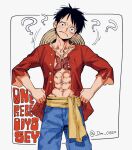  ? black_hair copyright_name dm_0820 english_text frown hands_on_own_hips hat head_tilt looking_at_viewer male_focus muscular muscular_male navel one_piece open_clothes red_shirt sash scar scar_on_chest scar_on_face shirt short_hair straw_hat twitter_username white_background yellow_sash 
