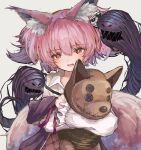  1girl absurdres animal_ears arknights chestnut_mouth commentary donata_(donatasama) fox_ears fox_girl fox_tail ghost highres holding holding_stuffed_toy looking_at_viewer open_mouth pink_hair red_eyes shamare_(arknights) short_hair simple_background solo stuffed_fox stuffed_toy tail upper_body white_background 