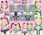  2girls animal_ear_headphones animal_ears asymmetrical_bangs black_dog_(ckdfhd) black_skirt blonde_hair blue_archive blue_necktie blush blush_stickers bow cat_ear_headphones character_name chibi closed_mouth dotted_line fake_animal_ears fake_tail game_boy green_bow green_eyes green_halo grid_background hair_bow halo handheld_game_console headphones highres holding holding_handheld_game_console hood hood_down hooded_jacket jacket long_sleeves low_tied_sidelocks midori_(blue_archive) momoi_(blue_archive) multicolored_clothes multicolored_jacket multiple_girls multiple_views necktie off_shoulder open_mouth pink_eyes pink_halo pixel_heart pixelated pleated_skirt puffy_long_sleeves puffy_sleeves red_bow shirt short_hair short_necktie siblings sisters skirt tail teardrop twins w white_jacket white_shirt 