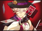  1boy androgynous black_cape black_gloves black_headwear blonde_hair cape card closed_mouth genshin_impact gloves hat holding holding_card jesse_(pixiv34586727) long_sleeves looking_at_viewer lyney_(genshin_impact) male_focus playing_card purple_eyes red_background shirt signature smile solo teardrop_facial_mark top_hat white_shirt 