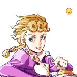  1boy blonde_hair blue_eyes braid food giorno_giovanna highres jojo_no_kimyou_na_bouken killerohan licking_lips male_focus pectoral_cleavage pectorals pudding solo spoon tongue tongue_out vento_aureo wing_ornament 