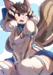  1girl animal_ears brown_hair chipmunk_ears chipmunk_girl chipmunk_tail extra_ears gloves highres kemono_friends kemono_friends_v_project kneehighs microphone multicolored_hair okyao ribbon shirt short_hair shorts siberian_chipmunk_(kemono_friends) simple_background socks solo tail vest virtual_youtuber white_hair 