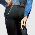  1boy ass ass_focus belt blue_shirt cigarette close-up green_hair holding holding_cigarette male_focus one_piece pants sanji_(one_piece) shirt smoke solo_focus striped striped_shirt ynnn_m 