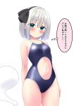  1girl aqua_eyes black_hairband black_one-piece_swimsuit blush closed_mouth commentary_request cowboy_shot ghost grey_hair groin hairband highres konpaku_youmu konpaku_youmu_(ghost) looking_at_viewer navel one-piece_swimsuit shishiky short_hair simple_background solo swimsuit thought_bubble touhou translation_request white_background 