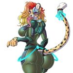  2023 accessory adjatha anthro big_breasts big_butt bodily_fluids bodysuit breasts butt cheetah clawed_fingers clothing cybernetic_eye cybernetics cyborg ear_piercing felid feline female fur furgonomics gradient_hair green_bodysuit hair hi_res jewelry long_tongue looking_at_viewer looking_back looking_back_at_viewer machine mammal multicolored_body multicolored_fur open_mouth piercing purple_eyes ring saliva saliva_on_tongue science_fiction side_boob simple_background skinsuit solo spots spotted_body spotted_fur standing story story_in_description tail tail_accessory tail_jewelry tail_ring tight_clothing tongue tongue_out trials_in_tainted_space two_tone_body two_tone_fur white_background white_body white_fur wide_hips yellow_body yellow_fur 
