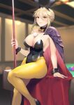  1girl alternate_costume animal_ears artoria_pendragon_(fate) artoria_pendragon_(lancer_alter)_(fate) ball between_breasts billiard_ball billiards black_leotard blonde_hair blurry blurry_background blush bow bowtie braid breasts cape cleavage closed_mouth collarbone commentary_request covered_navel cue_stick detached_collar fake_animal_ears fate/grand_order fate_(series) french_braid hair_between_eyes highres holding holding_cue_stick indoors large_breasts leotard lips looking_at_viewer nakaga_eri pantyhose pink_lips playboy_bunny pool_table rabbit_ears red_cape short_hair sitting sitting_on_table smile solo strapless strapless_leotard table thighs wrist_cuffs yellow_bow yellow_bowtie yellow_eyes yellow_pantyhose 