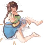  1girl barefoot blue_dress blush breasts brown_hair circlet detached_sleeves dress feet female_masturbation green_dress highres holding large_breasts legs long_hair low_twintails masturbation monkey_tail multicolored_clothes multicolored_dress open_mouth red_eyes simple_background single_detached_sleeve soles solo son_biten tail toes touhou twintails white_background white_sleeves wiaxixia yellow_dress 