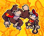  2023 absurd_res anthro ape bottomless brown_body brown_fur clothed clothing diddy_kong donkey_kong_(character) donkey_kong_(series) duo eye_contact feet fingers fur gabo_rabo haplorhine hat headgear headwear hi_res looking_at_another male mammal monkey necktie nintendo open_mouth primate signature smile toes 