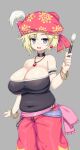  1girl art_brush bare_shoulders black_choker blonde_hair blue_eyes blush breasts choker cleavage earrings final_fantasy final_fantasy_vi hat highres huge_breasts jewelry looking_at_viewer necklace open_mouth paintbrush plump relm_arrowny sawati short_hair simple_background smile solo strapless 