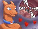  &lt;3 2018 blue_eyes char89 charizard collar generation_1_pokemon generation_4_pokemon gradient_background hi_res inside_mouth male micro micro_on_tongue nintendo on_tongue oral_vore orange_body pokemon pokemon_(species) riolu rudi_(toondude10) sharp_teeth simple_background suddendraft teeth vore 