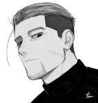  1boy closed_mouth expressionless facial_hair goatee golden_kamuy greyscale hair_slicked_back highres looking_at_viewer male_focus monochrome ogata_hyakunosuke portrait shirt short_hair signature simple_background solid_eyes solo tonta_(tonta1231) turtleneck undercut white_background 