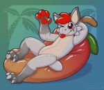  3_toes animate_inanimate anthro feet grey_body inflatable living_inflatable pool_toy red_eyes simple_background solo symrea toes 
