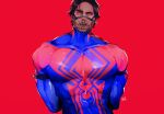  1boy absurdres arms_behind_back bara black_hair blue_bodysuit bodysuit bound bound_arms bound_wrists highres large_pectorals male_focus marvel miguel_o&#039;hara muscular muscular_male muzzle noasauruss pectorals red_background red_bodysuit short_hair simple_background solo spider-man:_across_the_spider-verse spider-man:_into_the_spider-verse spider-man_(2099) spider-man_(series) two-tone_bodysuit upper_body 