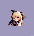  1girl blonde_hair eyepatch fischl_(genshin_impact) genshin_impact gloves green_eyes hair_over_one_eye halterneck head_wings open_mouth pixel_art purple_gloves sana_(ansancityboy) single_head_wing solo two_side_up wings 