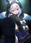  1girl amane_kanata amane_kanata_(6th_costume) angel_wings animal_ears arm_on_knee asymmetrical_legwear black_choker black_footwear black_jacket black_socks blue_eyes blue_hair chain character_print choker colored_inner_hair crossed_bangs crossed_legs fake_animal_ears feathered_wings fishnet_pantyhose fishnets gradient_eyes grey_hair hair_between_eyes hair_ornament hairclip highres hololive hood hooded_jacket jacket knee_up long_hair long_sleeves looking_at_viewer mini_wings multicolored_eyes multicolored_hair official_alternate_costume pantyhose piercing pink_hair print_shirt purple_eyes shimo_(shimo332215) shirt sidelocks sitting sleeves_past_fingers sleeves_past_wrists socks solo streaked_hair teeth tongue tongue_out tongue_piercing upper_teeth_only virtual_youtuber white_shirt white_socks white_wings wings x_hair_ornament 