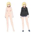  black_hoodie blonde_hair breasts brown_eyes closed_mouth commentary completely_nude denim denim_shorts female_pubic_hair full_body hall_onon hood hoodie long_sleeves looking_at_viewer medium_breasts navel nude original pubic_hair reference_sheet shorts swept_bangs white_background yarei_himi_(hall_onon) 
