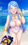  1girl absurdres alear_(fire_emblem) beach blue_hair blush breasts crying fire_emblem fire_emblem_engage hand_on_own_face happy_tears highres holding_hands igni_tion large_breasts long_hair lumera_(fire_emblem) mature_female mother_and_child pov smile swimsuit tears 