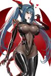  1girl absurdres armor azur_lane blue_hair blush bodystocking breasts claw_pose covered_navel dragon_girl dragon_horns dragon_tail dragon_wings fang hair_intakes hand_up heart highres horns kaki_z3 large_breasts latex latex_legwear long_hair looking_at_viewer mechanical_horns mechanical_tail navel open_mouth pauldrons pointy_ears regensburg_(azur_lane) shoulder_armor simple_background skin_fang slit_pupils smile solo spikes tail twintails white_background wings yellow_eyes 