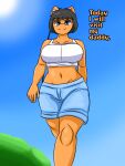  anthro arisenleaf black_hair blue_eyes bottomwear bra clothing dialogue english_text female fluffy_pony fur hair hi_res orange_body orange_fur plant shorts sky solo sports_bra sun text tree underwear 