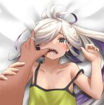  1girl 1other ahoge asashimo_(kancolle) breasts camisole grey_eyes grey_hair hair_over_one_eye highres kantai_collection long_hair lying mouth_pull ponytail pov ray.s sharp_teeth small_breasts strap_slip teeth upper_body yellow_camisole 