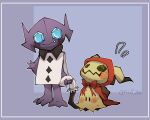  5:4 ambiguous_gender blue_border blush border clothing duo eyelashes generation_3_pokemon generation_7_pokemon halloween hand_holding holidays itz_smi73 mimikyu nintendo pokemon pokemon_(species) purple_body sableye simple_background smile 