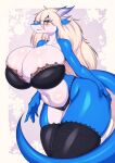 anthro areola big_breasts big_butt blonde_hair blue_body bra breasts butt clothing curvy_figure dragon eyewear female glasses hair hi_res horn huge_breasts huge_butt huge_thighs hyper hyper_breasts hyper_butt hyper_thighs long_hair looking_at_viewer navel open_mouth panties smile solo standing tail tailzkim thick_thighs underwear unknown_character voluptuous white_body wide_hips yellow_eyes 